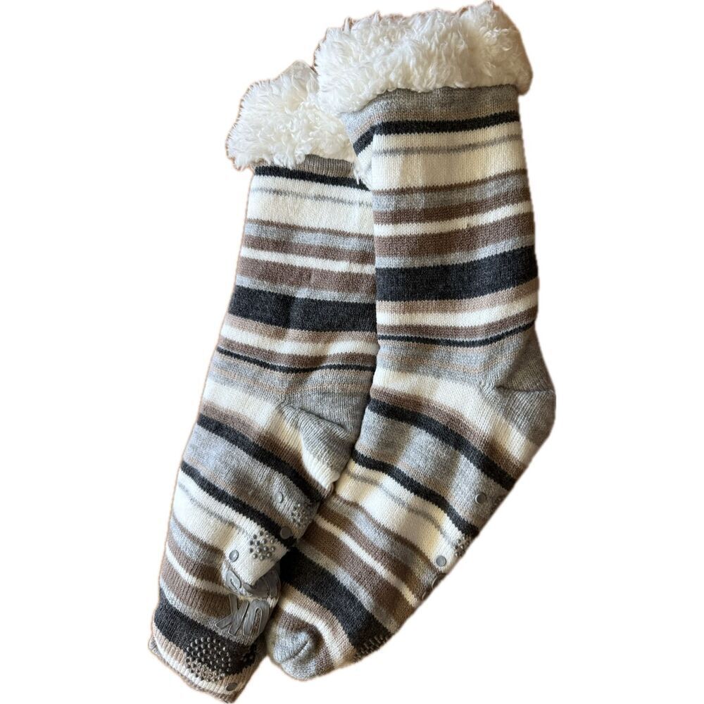 MUK LUKS Grey Stripe Jojoba Infused Faux Shearling Cabin Socks L/XL 9-11 New